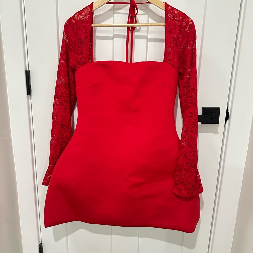 Fashion Nova Red Strapless Mini Dress with Lace Sleeves